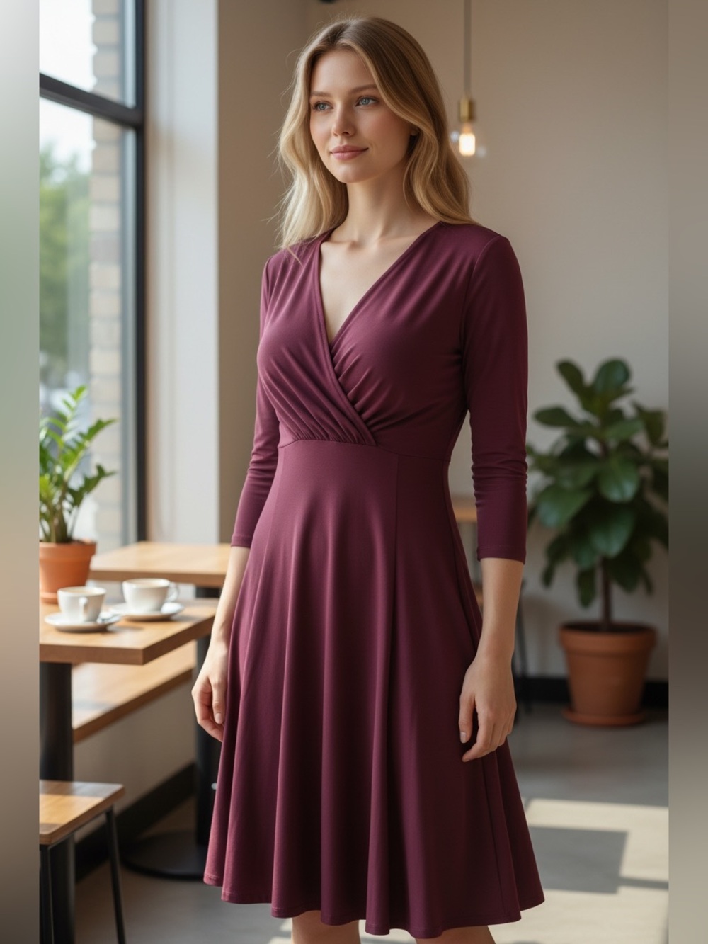 Lauren Ralph Lauren Wine V‑Neck Long Sleeve Midi Dress